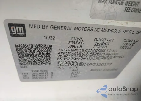 2023 Chevrolet Silverado 1500 2Wd Standard Bed Wt из США, поврежденный, VIN 3GCPAAEK4PG110177